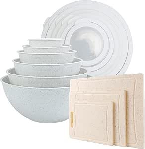 COOK WITH COLOR Kitchen Essentials - Mixing Bowls with Lids Set and 3 Thick Cutting Boards in White Speckled