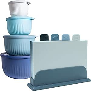 COOK WITH COLOR Mixing Bowls and Cutting Boards Bundle in Blue Colors- 4 Deep Prep Bowls with Lids and 4 Cutting Boards with Holder